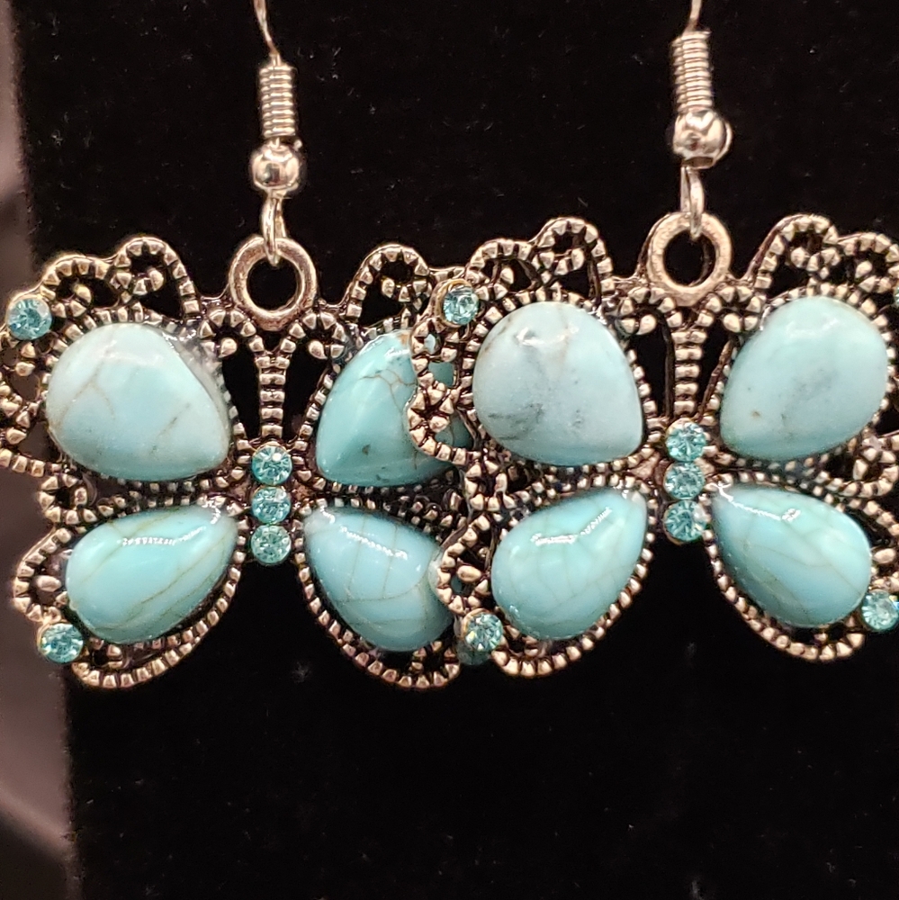 Silver Tone Butterfly Earrings Turquoise Magnesite